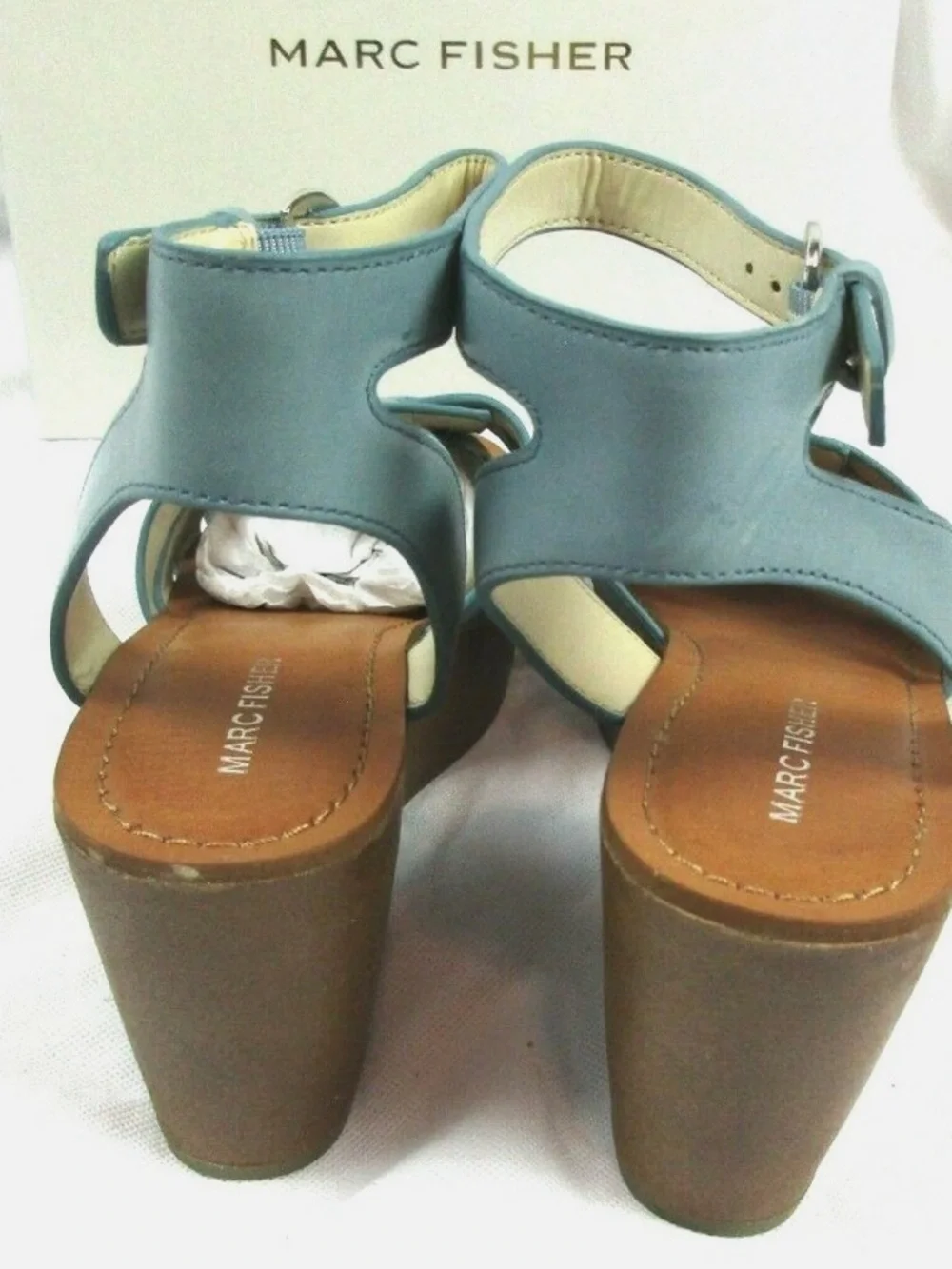 Marc Fisher Woven Leather Wedges with Ankle Strap Pastya Storm Blue